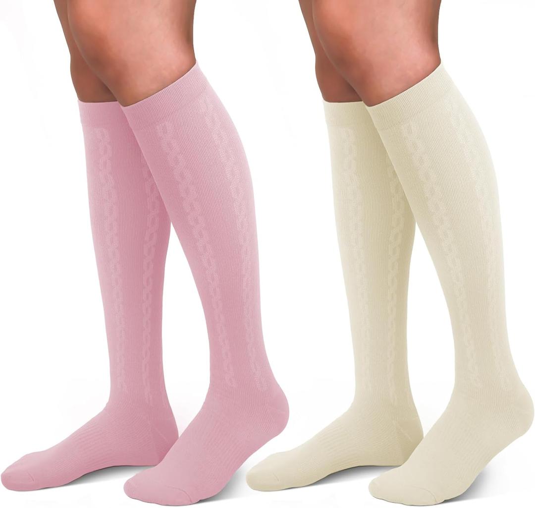 30-40mmHg Medical Graduated Compression Socks for Women&Men Circulation-Compression Stockings-Knee High Socks for Support,Hiking,Running (Large-X-Large, 3-2 Pack Pink, Beige)