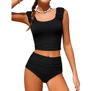 Girls Tankini Swimsuit 2 Piece Bathing Suit Twist Cross Back Cutout Swim Tank Top Floral Print Swimwear for (15-16 Years, Solid Black)