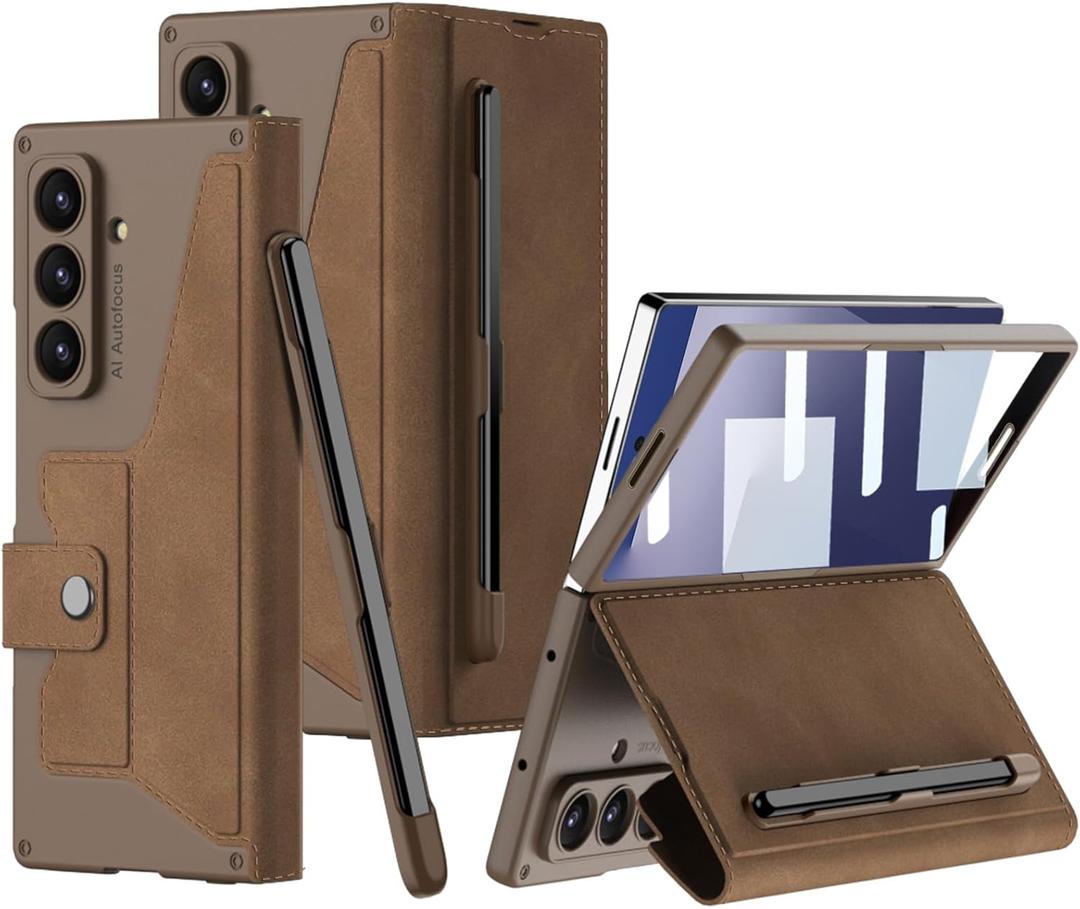 DEMCERT for Samsung Galaxy Z Fold 7 Case with [ Pen ], Armor Full Body Protective [Removable Pen Slot], Anti-Scratch Hard Slim Leather Bracket Case with Screen Protector (Brown)