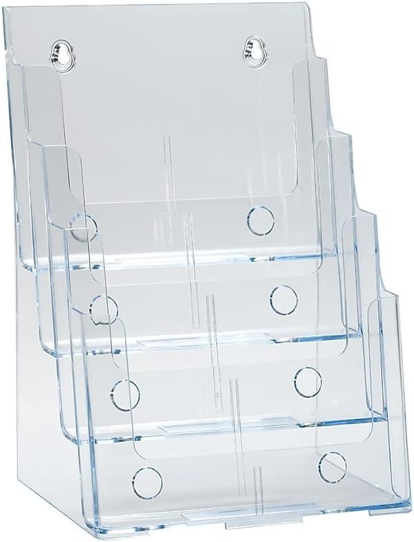 Azar Displays 252376 Four Tier, Four Pocket Letter Brochure File Holder for Flyer, Office Supplies, Paper Document or Magazines, Clear Organizer for Wall and Counter Desktop Stand, 8.5" x 11"