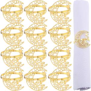 FillTouch Gold Napkin Rings Set of 12 Rhinestone Moon and Star Metal Napkin Holder Eid al Adha Mubarak Napkin Rings Napkin Buckles Eid al Adha Mubarak Table Decoration for Muslim Theme Party
