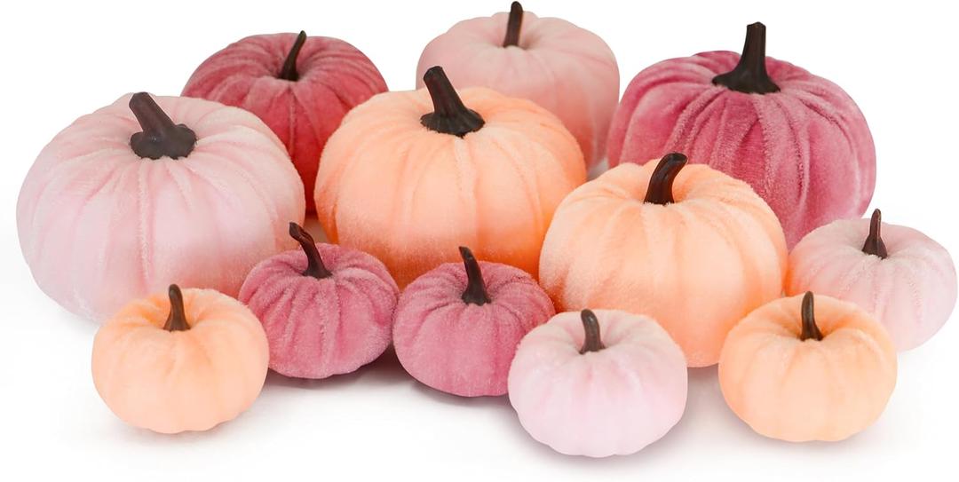 12 Faux Flocked Pumpkins, Perfect for Fall Harvest, Halloween, or Thanksgiving Table Centerpieces(12, Rose red, Purple, and Pink)