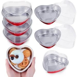 Nuogo Mother's Day 5" Aluminum Foil Heart Shaped Cake Pans with Clear Lids 225 Ml/ 7.92 oz Heart Cake Pan Disposable Baking Cupcake Mini Containers for Food Party(6 Sets)