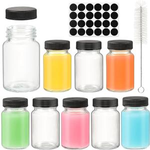 2 oz Glass Shot Bottles Black Lids & 24 Labels And Brush-Small Clear Jar for Ginger,Juice, Sample, Whiskey-Travel Essentials Mini Bottles-Wide Mouth, Leakproof,Wellness Shot,Dishwasher Safe (9)