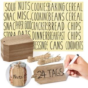 24 Pack Natural Wooden Hanging Tags 4.33x2.5 Inches - Includes 40 Black Preprinted Labels, & String - Hanging Labels for Kitchen and Pantry Storage Organization