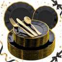 EI 150pcs Black Plastic Plates,Black and Gold Fancy Plate,Gold Plastic Silverware,Black and Gold Dinnerware Set,Premiun Heavy Duty Taleware,Perfect for Party,Wedding,Christmas,New Year