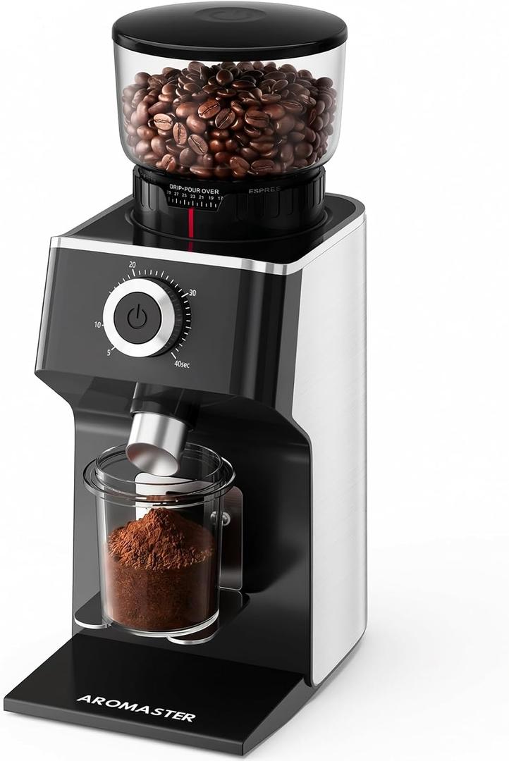 Aromaster Burr Coffee Grinder with 45 Grind Settings,Adjustable 540s Timer,Stainless Steel Conical Coffee Bean Grinder for Espresso,Pour Over & French Press, Anti-Static,Easy Clean Brush for Home Use