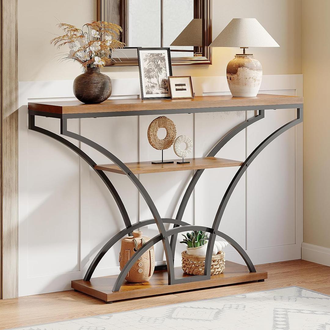 47.2" Console Table for Entryway, 3-Tier Narrow Sofa Table with Curved Frame, Industrial Rustic Wood Accent Table with Storage Shelves for Hallway, Living Room, Foyer (Brown, 47.2")