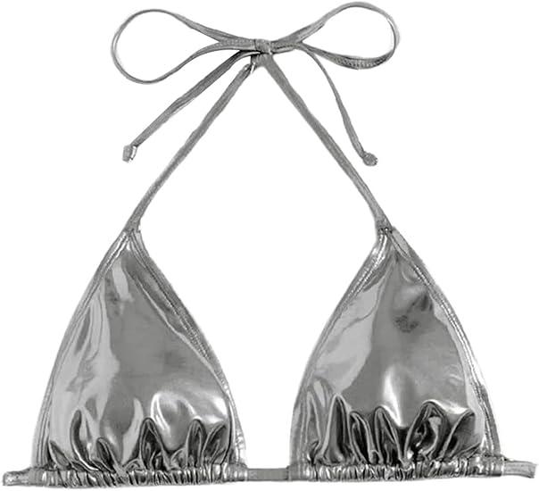 SHENHE Women's Halter Tie Back Triangle Bikini Top Cute Swimsuit Bathing Suit Tops Metallic Silver S