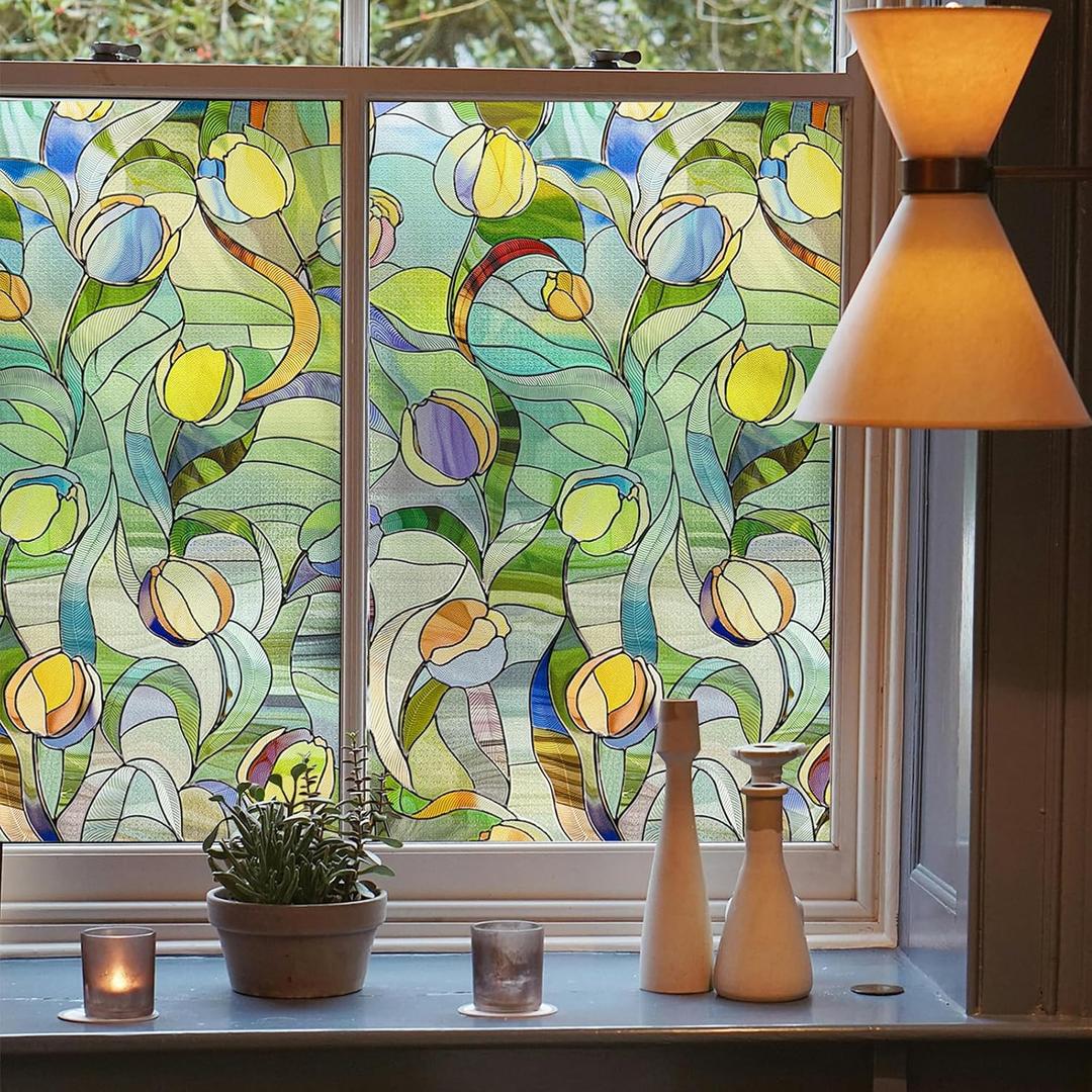 3D Stained Glass Window Film, Decorative Window Privacy Film for Bathroom,Front Door,Home, Sun Blocking Heat Control,Static Cling, Moonlight Tulip, 23.6inch x 35.4inch