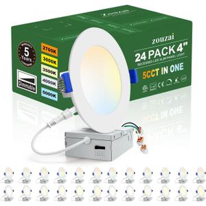 Zouzai 24 Pack 4 Inch Ultra-Thin LED Recessed Ceiling Light with Junction Box 5CCT Adjustable Dimmable Can-Killer Downlight - ETL and Energy Star Certified (24 Pack 5CCT White, 4 Inch)