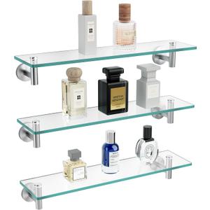 KES Glass Shelf for Bathroom, Floating Glass for Wall Shelves 20-Inch 3 Pack Rectangular Stainless Steel Brackets Wall Mounted Brushed Finish, A2021-2-P3