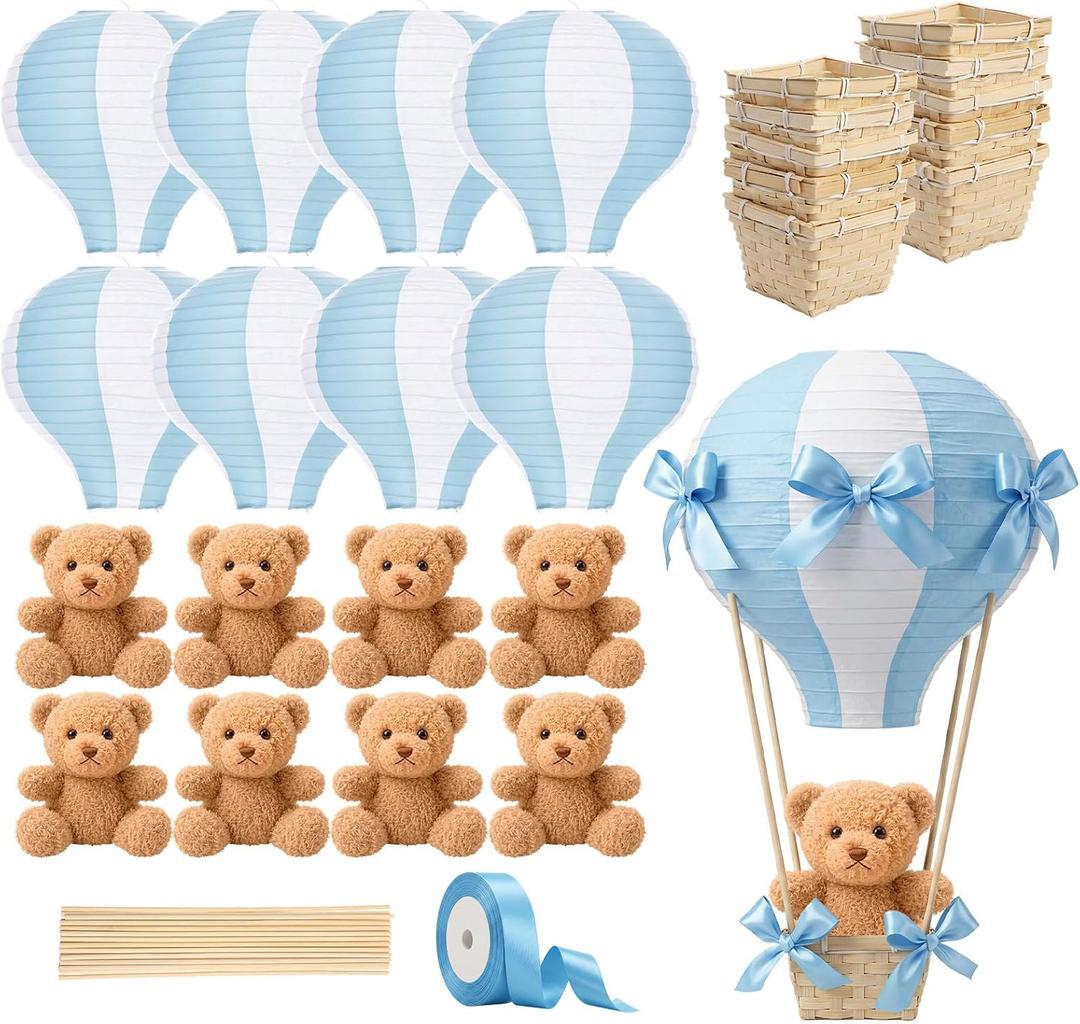Meooeck 8 Sets Bear Hot Air Balloon Baby Shower Centerpiece, Blue