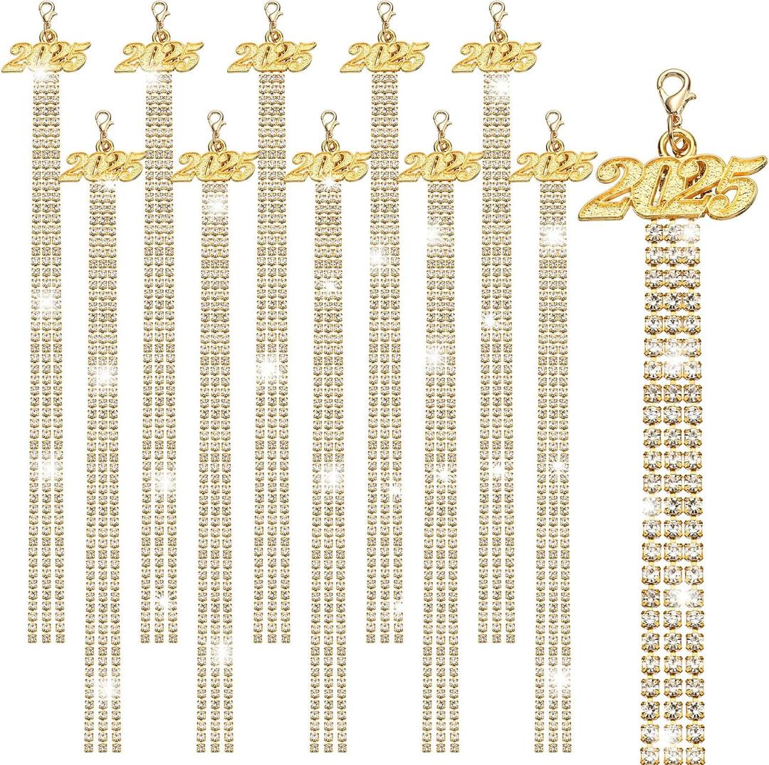 2025 Graduation Tassel Gold 10 Pcs Diamond Graduation Cap Tassels with 2025 Year Charm Tassel Decoration Grad Party Decor for Graduate Hat Ceremonies Accessories