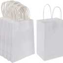 Oikss 100 Pack 5.25x3.25x8.25 Inch Small White Kraft Paper Bags with Handles Bulk for Birthday Wedding Party Favors Grocery Retail Shopping Business Goody Craft Gift Bags Cub Sacks (100pcs Count)