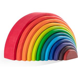 Wooden Rainbow Stacking Toy - 12 Pieces Extra Large Montessori Wooden Stacking Arch Educational Toys, Nesting Puzzle Building Blocks for Kids Toddlers (Rainbow Stackers)