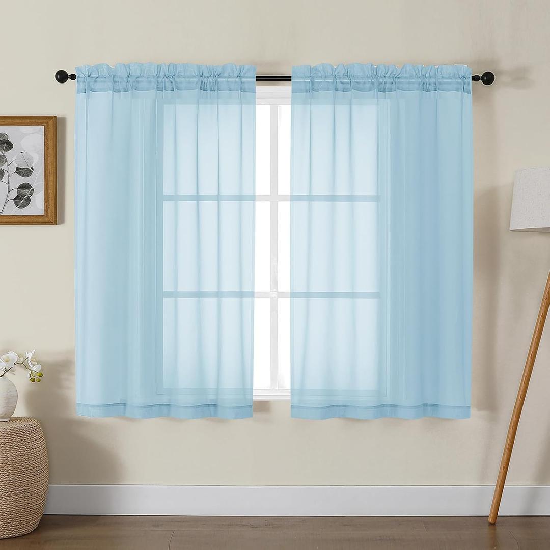 Gwine Sky Blue Sheer Curtains for Living Room 45 inches Long, Short Voile Light Filtering Window Treatments Sheer Curtains for Bedroom, Half Window Drapes with Rod Pocket, Each 42" Wx45 L