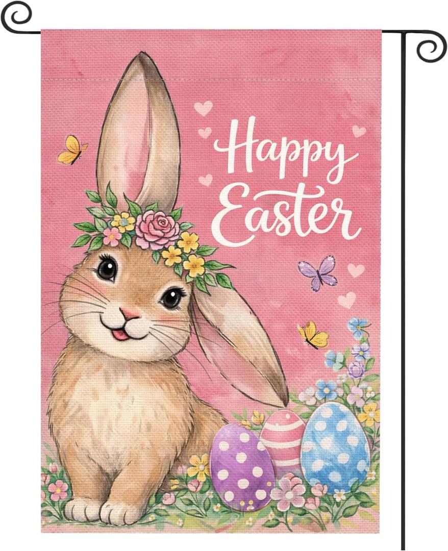 Happy Easter Garden Flag 12x18 Inch Double Sided, Pink Floral Bunny Easter Egg Yard Flag, Wrinkle Resistant Durable Easy Clean Linen Flag for Outdoor Patio Lawn Porch Spring Decoration (Pink Bunny)