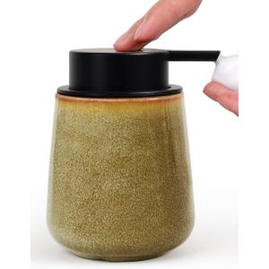 INGOFIN Ceramic Foaming Soap Dispenser - 12 oz Refillable Foam Hand Soap Dispenser Bathroom, Modern Dish Dispenser Pump for Kitchen,Kiln-Glazed Earthy Greenish-Brown