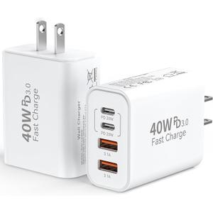 USB C Wall Fast Charger Block, 40W 4-Port Type C Charger Fast Charging Blocks PD Power Charger Adapter+QC 3.0 USB Multiport Charger Brick for iPhone 17/16/15/14/13/12 Pro Max, iPad, Galaxy S25-2Pack (White)