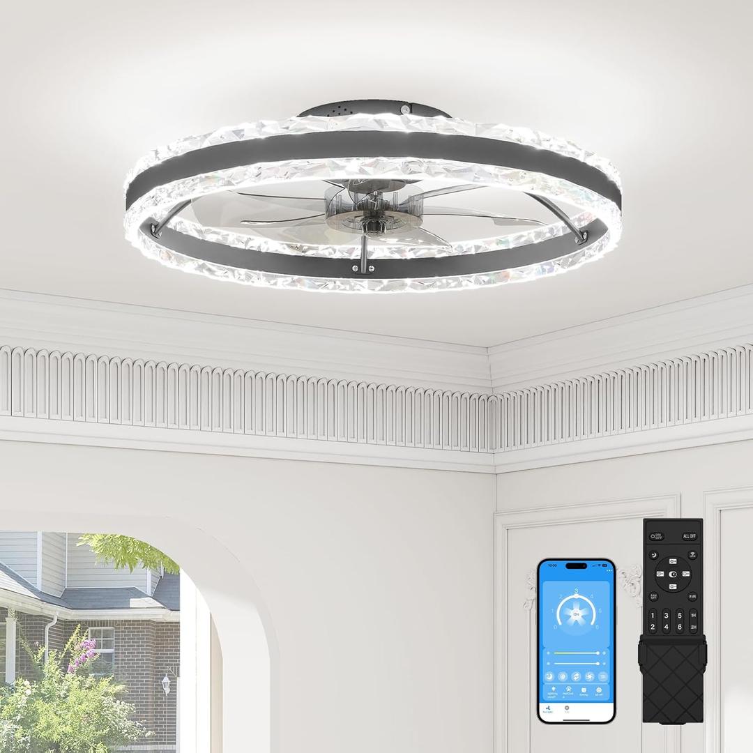 VOLISUN Low Profile Ceiling Fans with Light and Remote, 23.6in Fandelier Ceiling Fan with Light, 3000K-6500K Dimmable Flush Mount LED Ceiling Fan Lights, Black Modern Ceiling Fans for Bedroom (8289-BK)