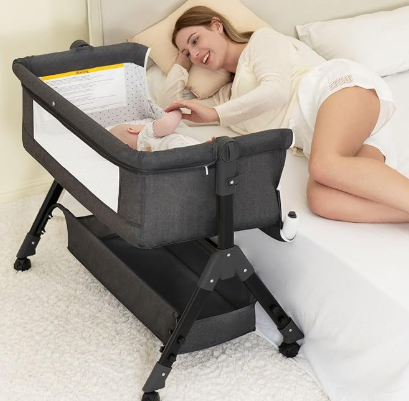 Baby Bassinet, Bedside Bassinet for Baby, 3 in 1 Bassinet Bedside Sleeper with Wheels, Mosquito Net, Adjustable Easy Folding Portable Bed for Infant Newborn (Dark Grey)
