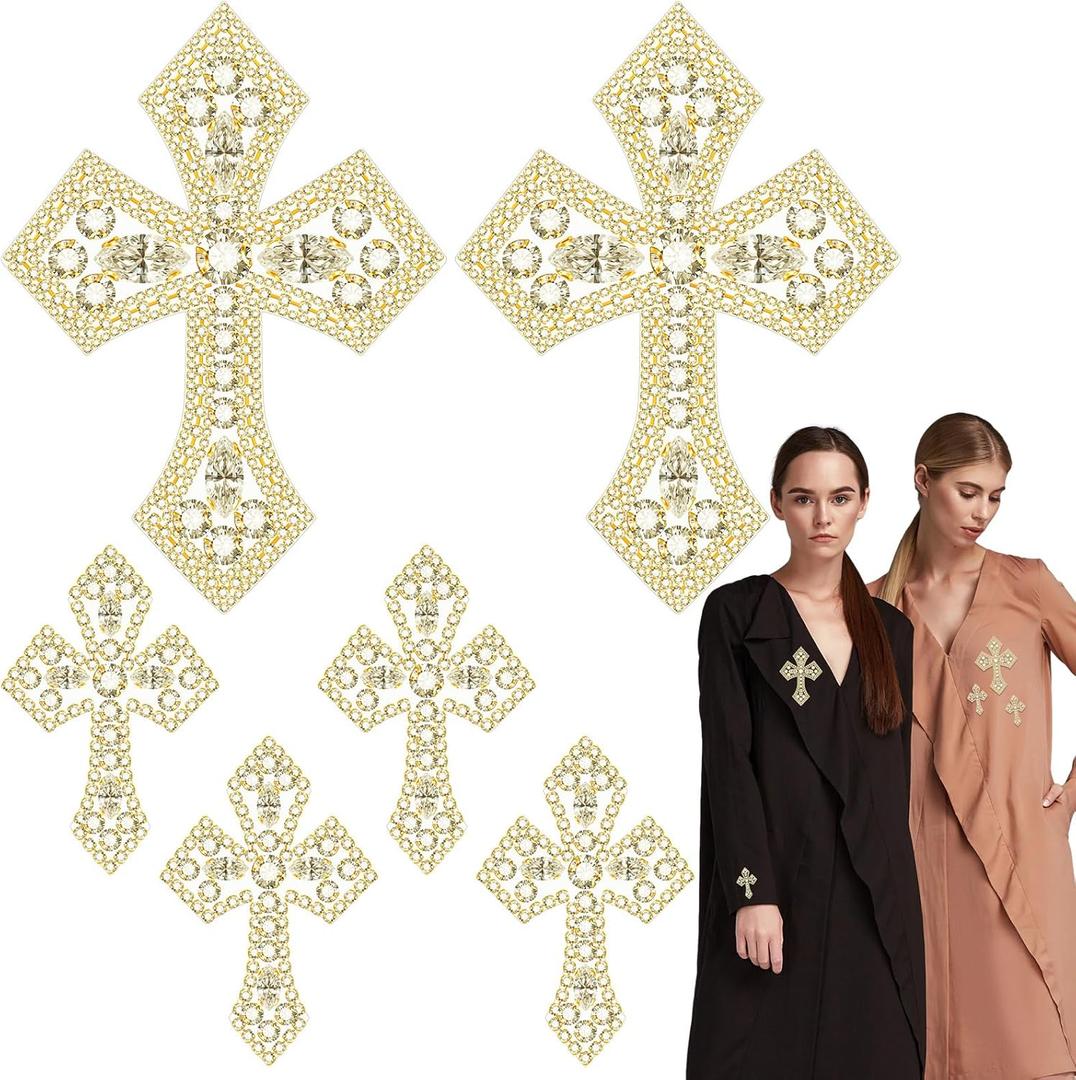 Suncalla 6 Pcs Gold Rhinestone Cross Patch Applique Crystal Cross Iron on Patches Sew on Clothing Patches for Clothes Bag Dress Jacket Repairing Mixed Size
