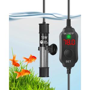 AquaMiracle Aquarium Heater 15W Fish Tank Heater for 1-3 Gal Tanks, LED Digital Display Thermostat Turtle Heater with Out-of-Water Auto Shut-Off, Overheat Protection & Memory Function