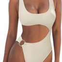 SUUKSESS Women Sexy One Piece Tummy Control Swimsuit Cutout Backless Bathing Suit (Beige White, XL)