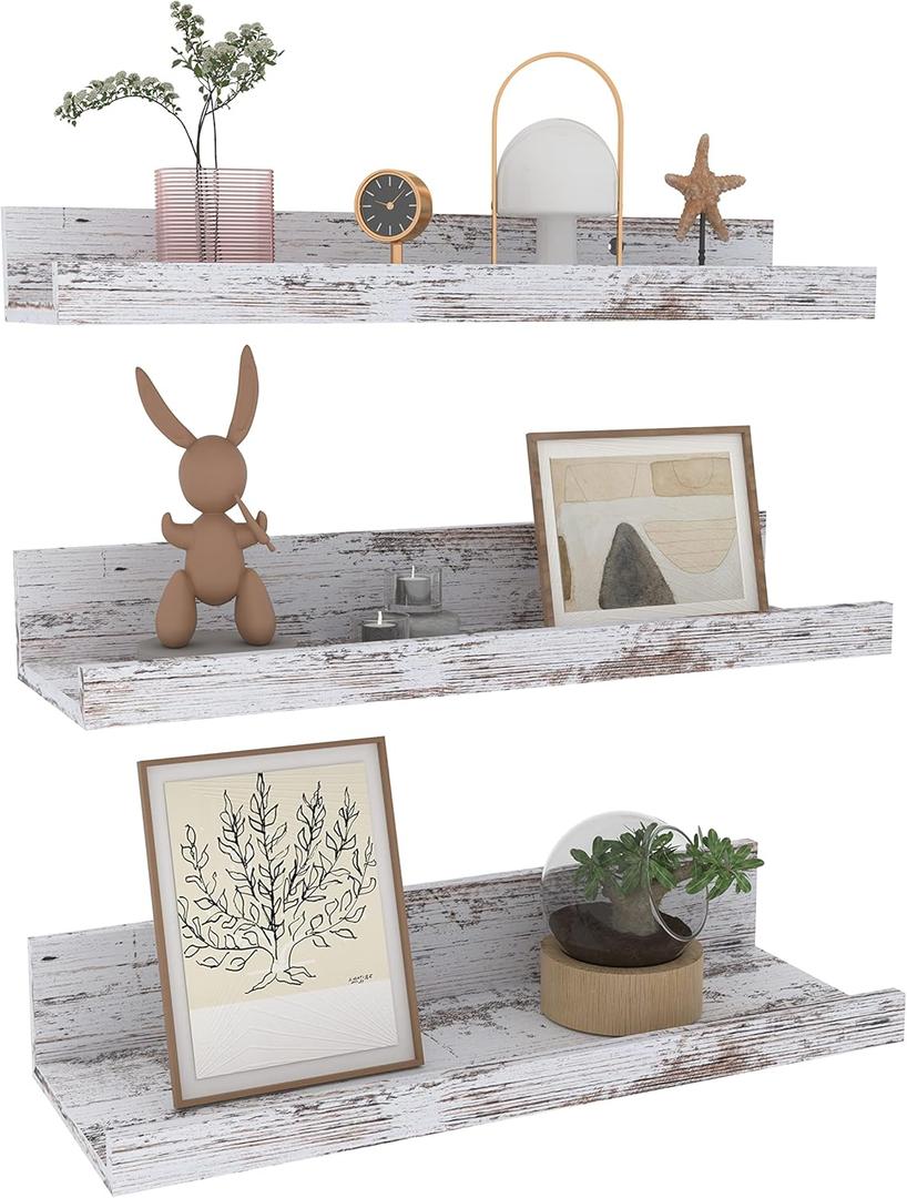Lavezee 15.7 Inch Floating Shelves for Wall Set of 3, Rustic Picture Ledge Wall Mounted Shelf for Living Room, Bedroom, Kitchen, Bathroom, Distressed White