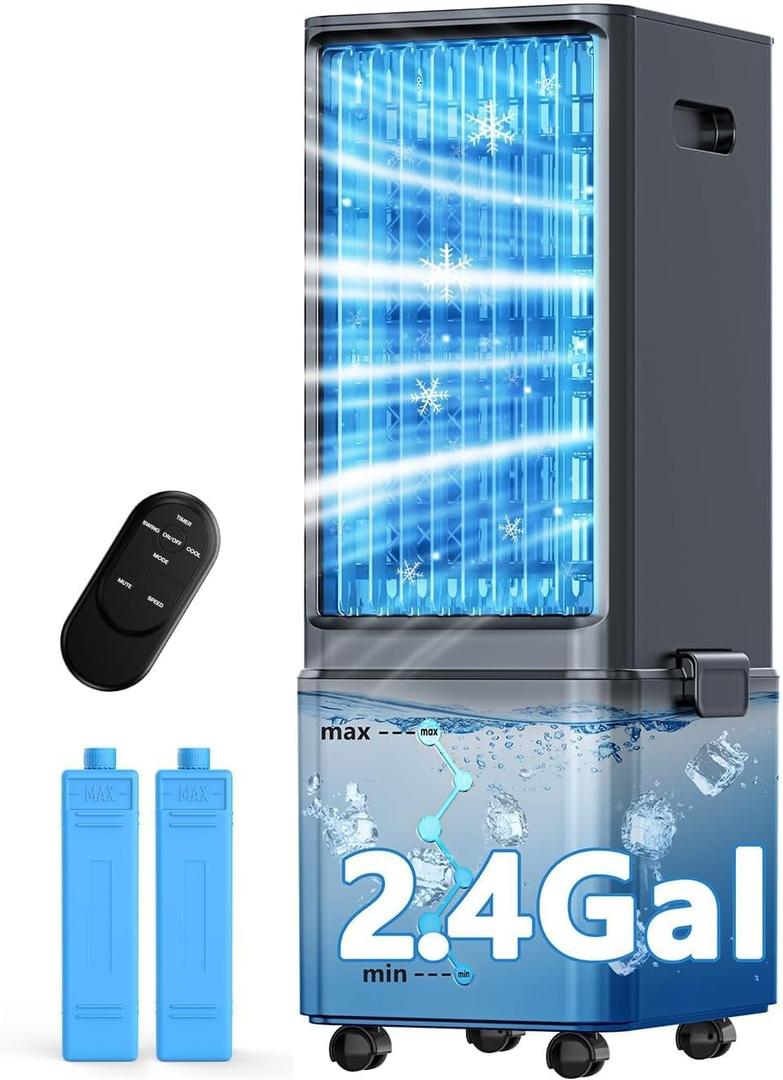 Windowless Air Conditioner w/ 4 Modes & 3 Speeds, Waterless Alert, 2.4-Gal Tank for 20H Cooling, 12H Timer, 20FT Remote, 70 Auto Swing Evaporative Air Cooler, Portable AC Unit for Bedroom