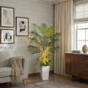 5FT Artificial Areca Palm Tree | USB Wired LED Spotlight, Tall White Planter, 3 Removable Grass Branches & Moss Included | Lifelike Fake Tropical Indoor Plant for Living Room Bedroom Office