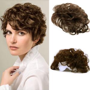 6" Natural Fluffy Human Hair Topper Light Brown Short Curly Topper Replacement Hairpieces Toupee Clip in Wavy Hair Topper Wiglets Hairpieces for Women with Thinning Hair 4# (6", 4#)