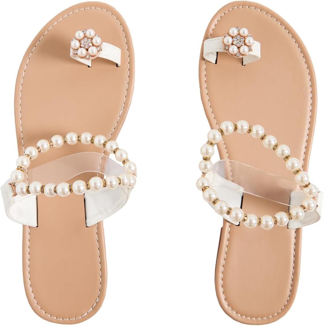 GORGLITTER Women's Clear Pearl Sandals Dressy Toe Ring Rhinestone Slide Wedding Vacation Bridal Flats Sandal 2025 (Beige)