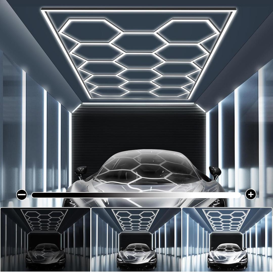 MODERN Hexagon Garage Light: Upgraded 3 Level Dimmable Hexagon Led Garage Light with Rectangle Frame 86400 Lumens 6500K for Garage, Basement, Warehouse, Auto Beauty Shop, Car Detailing Shop etc.  (14 HEX WITH BORDER(190.2"L x 95.7"W x 1.4"H))