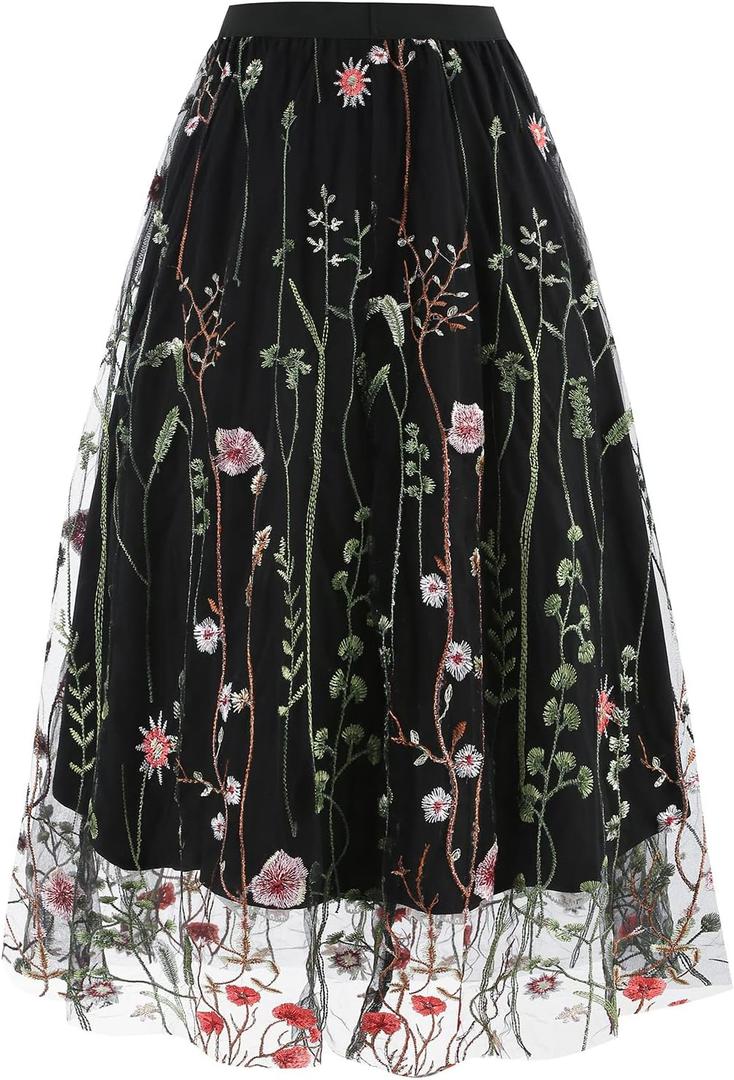 Women Vintage Floral Embroidered Tulle Midi Skirt 50s Party Elastic High Waist A-line Swing Skirts