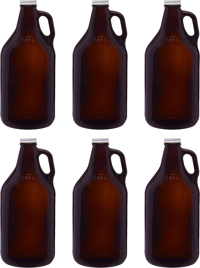 DISCOUNT PROMOS 5 Amber Glass Beer Growlers Set, 64 oz. - Screw on Lid, Sturdy, Barware - Amber
