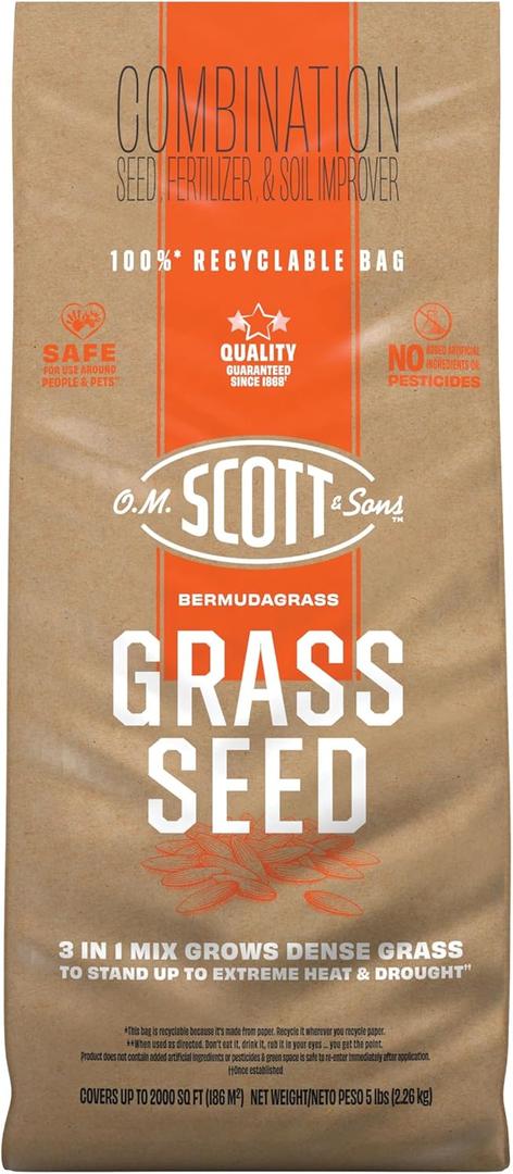 O.M. Scott and Sons Bermudagrass Grass Seed - Lawn Seed, Fertilizer and Soil Improver, Drought Tolerant Once Established, Covers Up to 2,000 sq. ft., 5 lb. (EXP 12/31/26)