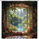 Nature Garden Shower Curtain Forest Mountain Stone Wall Flower Green Leaf Vine Rustic Farmhouse Cabin Window Scenery Bathroom Curtain Fabric with Hooks(70" WX70 H)