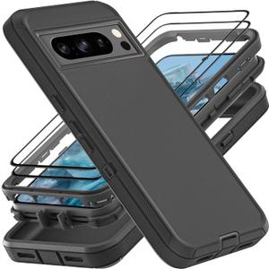 for Google Pixel 8 Pro Case, Military Grade 3 in 1 Heavy Duty Shockproof/Drop Proof/Dust Proof Case with 2Pcs Tempered Glass Screen Protector (Black/Black)