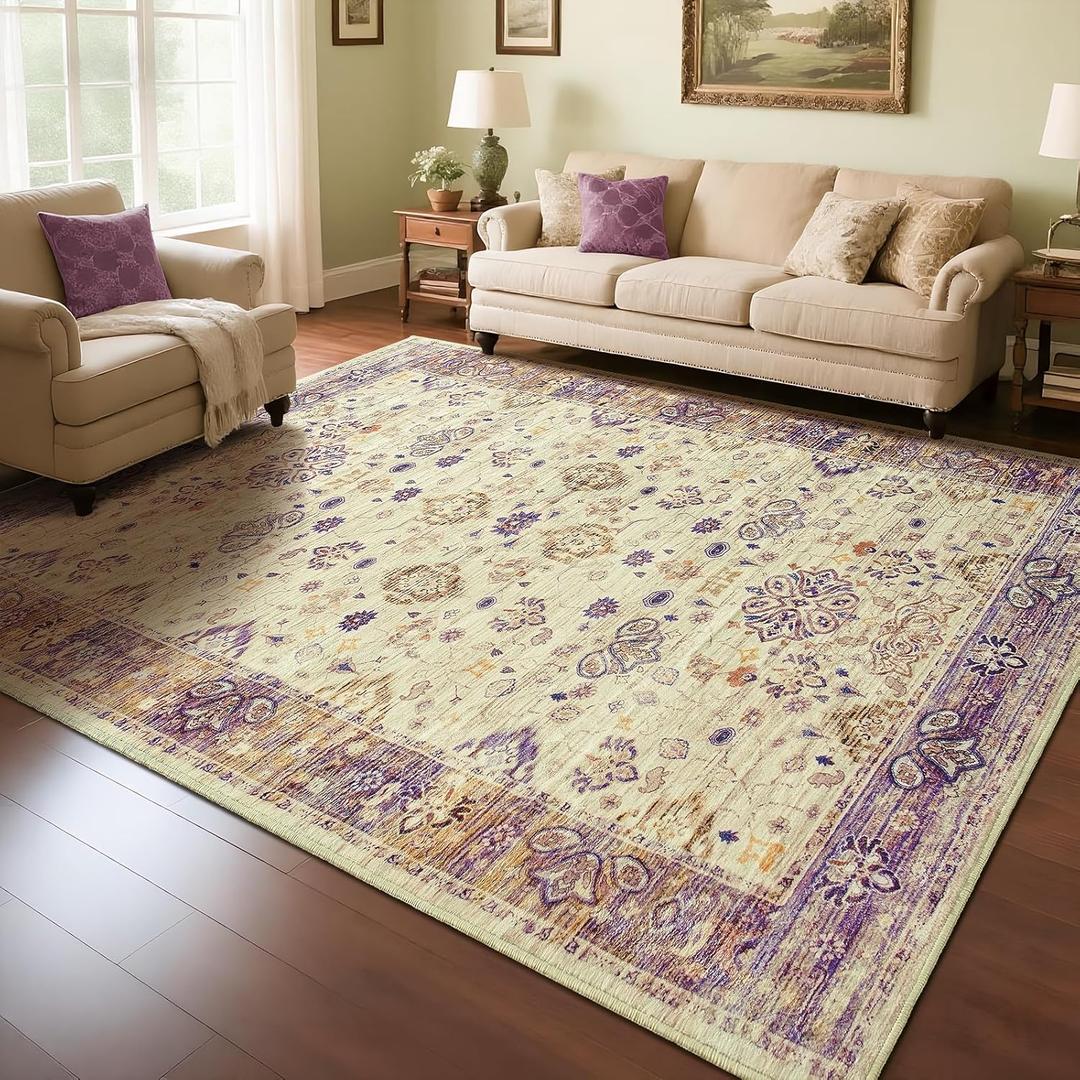 Przemy Area Rug for Living Room, 6x9Ft Washable Rugs for Bedroom, Non-Slip Floral Carpet for Home Office Nursery Dining Room Kitchen, Purple and Beige