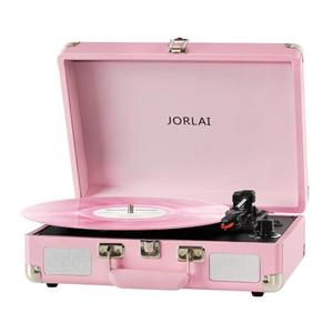 JORLAI Pink Vinyl Record Player 3 Speeds Portable Suitcase Turntable with Built-in Dual Speakers, Bluetooth Gramophone with Built-in Battery 3.5mm Aux Input/RCA Output