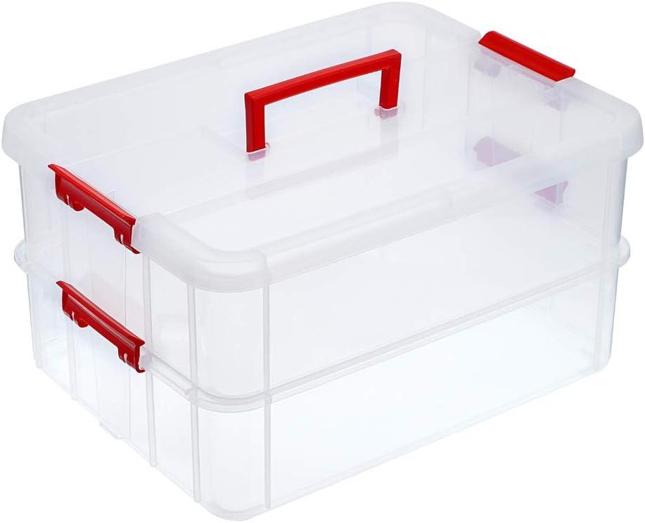 JUXYES 2-Tiers Stack Carry Storage Box With Handle, Transparent Stackable Storage Bin With Handle Lid Latching Storage Container for School & Office Supplies (Red)