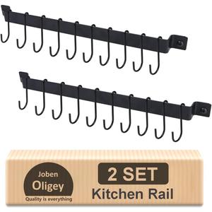 Joben Oligey Utensil Holder, Kitchen Rail With 10 Hooks, Pots and Pans Organizer Hanger, Wall Mounted Wrought Iron Hanging Black 17 Inch for Coffee Mug Rack Cup Hanging, Set of 2