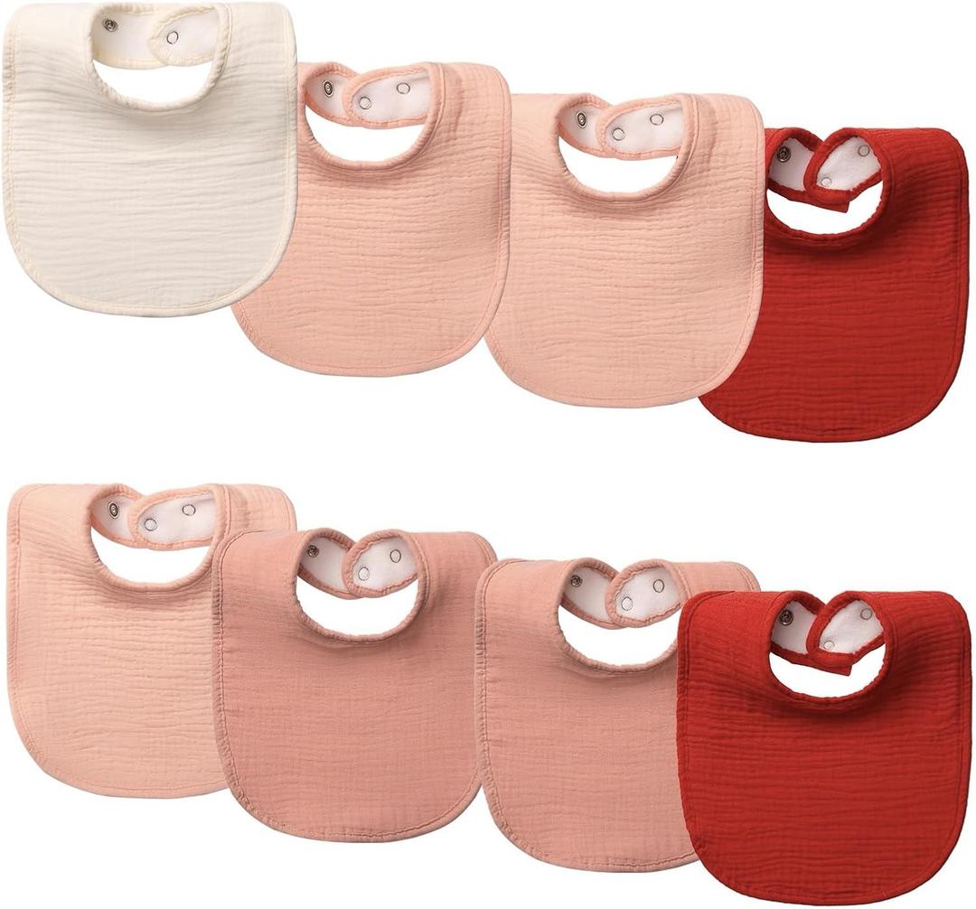 8-Pack Baby Drool Bibs, 100% Cotton, Ultra Soft & Absorbent for Newborns, Adjustable Snaps, Shower Gift (Pink Beige)
