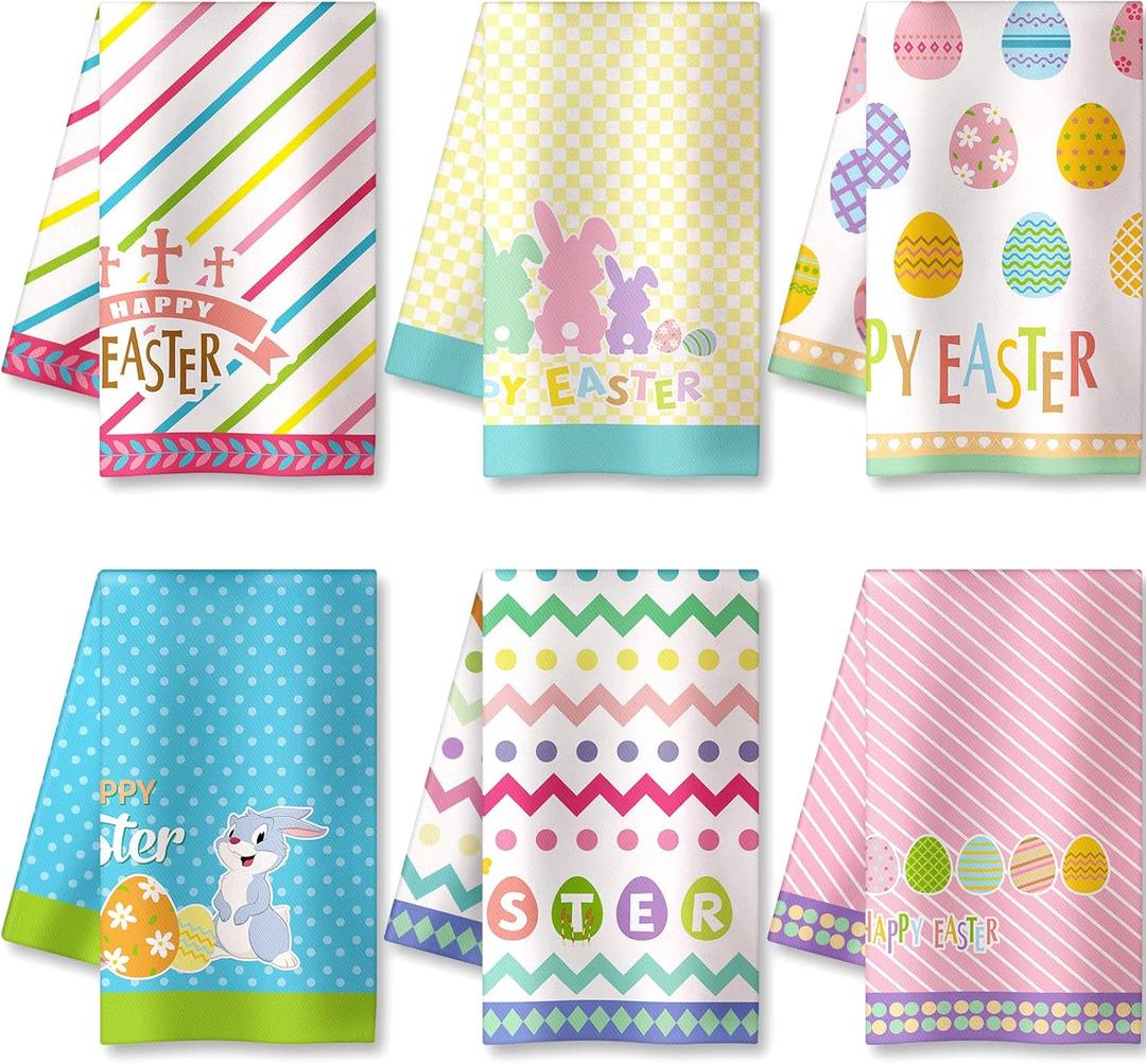 Oudain 6 Pcs Easter Kitchen Towels Happy Easter Bunny Eggs Cute Rabbits Dish Towels for Kitchen Drying Bathroom Housewarming Gifts Home Hand Towel Decoration 23.6 x 11.8 Inches