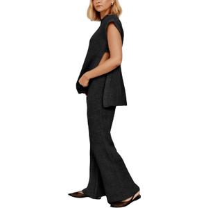 Lviefent Womens 2 Piece Outfits Knit Matching Set Sleeveless Side Slit Pullover Sweater Top Wide Leg Pants Sets (Black-M)