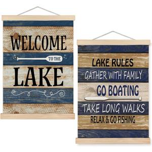 SPBL&L Rustic Lake Wall Art, Farmhouse Lake Poster Hanger Frame, Lakeside Hanging Canvas Pictures Prints Wall Decor for Lakes House Cabin Beach Room Bedroom Home, 12x16 Inch Set of 2