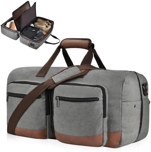 Duffle Bag for Travel, Canvas Travel Duffel Bags with Lay-Flat Design, Large Travel Duffle Overnight Weekend Gym Carry On Duffel Bag for Men & Women(Grey)