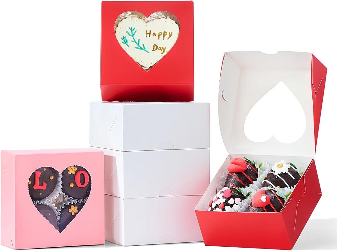 24PCS 4x4x2 Heart Shaped Window Bakery Boxes in White, Pink, Red - Perfect for Strawberry, Cookies, Mini Bundt Cakes, Chocolate Truffles & Small Desserts-Wedding and Party Favors